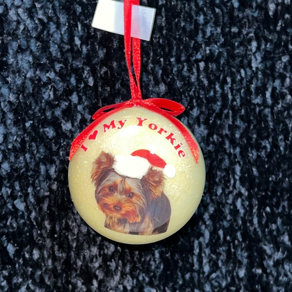 NEW I Love My Yorkie Christmas Ornament Ball Santa Hat Dog